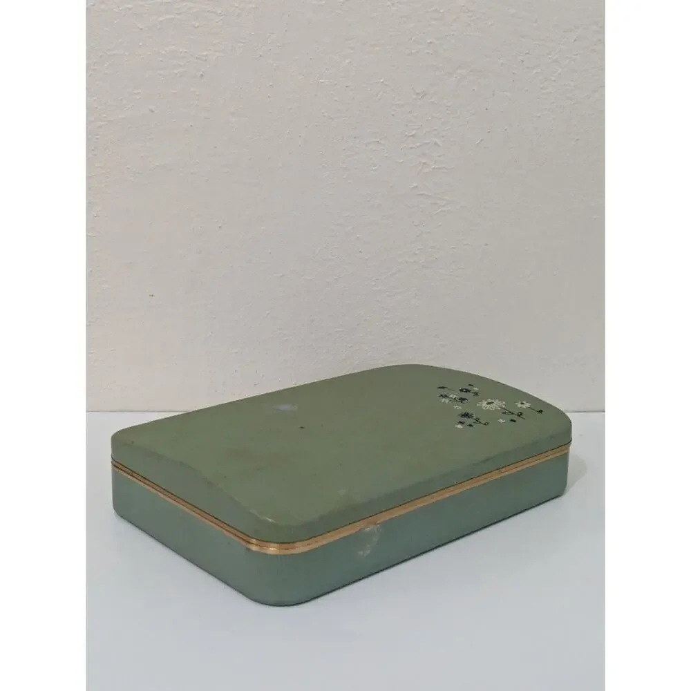 Vintage Farrington Jewelry Box Hinged Genuine Felt Lined Green Floral‎